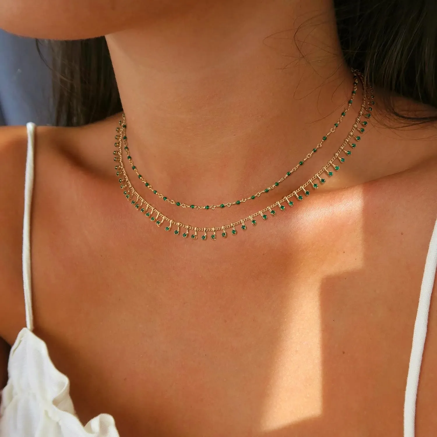 MTMY Beaded Necklaces for Women 14K Gold Plated Dainty Colorful Green/Rose Beaded Pearl Choker Necklace Delicate Boho Choker Necklace Jewelry Gift