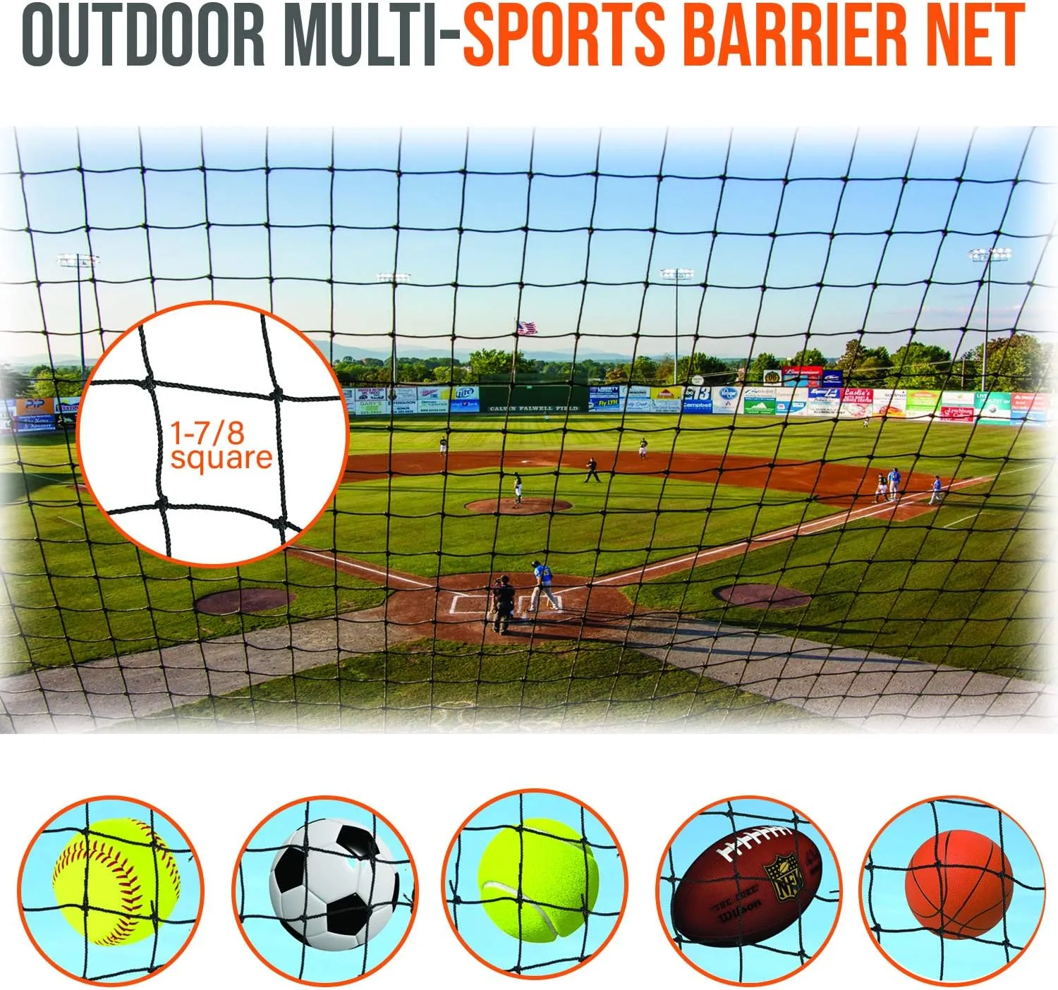 Multi-Sport Barrier Net, Nylon, Black, 10x10/15/20/30, Baseball, Softball, Basketball, Football, Soccer, Tennis
