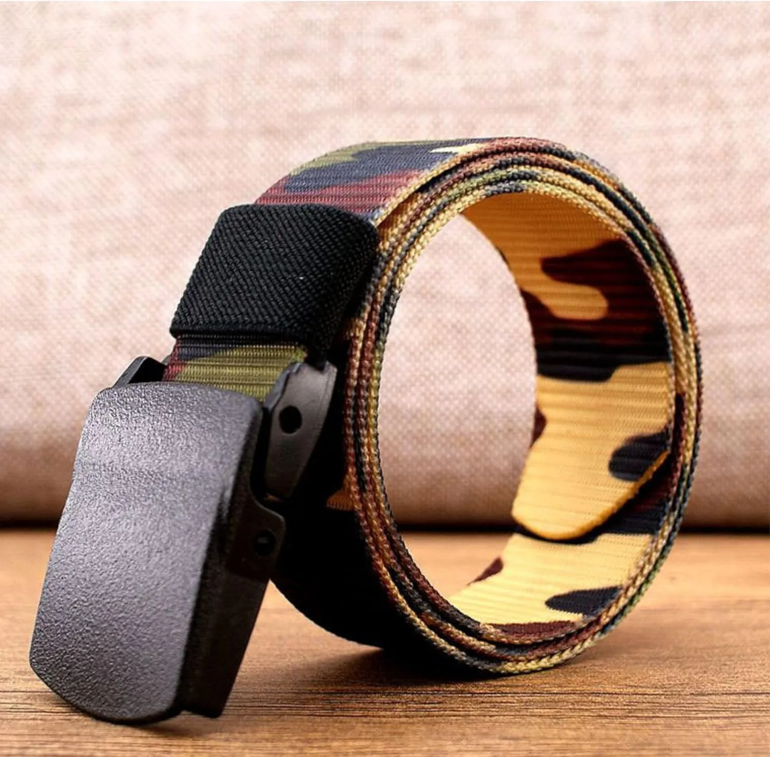 No Metal Camouflage Web Belt, Adjustable Airport Friendly Military Tactical Belt, Plastic Buckle Nylon Webbing Belt