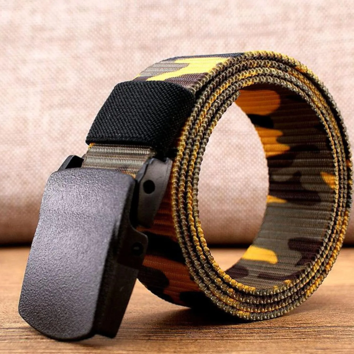 No Metal Camouflage Web Belt, Adjustable Airport Friendly Military Tactical Belt, Plastic Buckle Nylon Webbing Belt