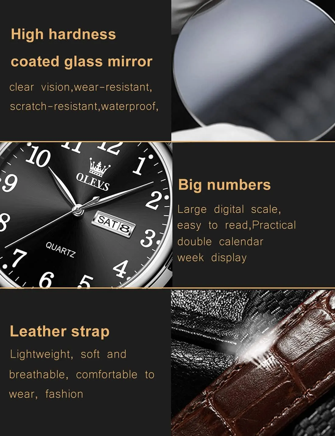 OLEVS Mens Watches, Casual Leather Watches for Men Easy to Read Quartz Number Watch with Date Waterproof Blue/Black/Silver Face Men's Wrist Watches
