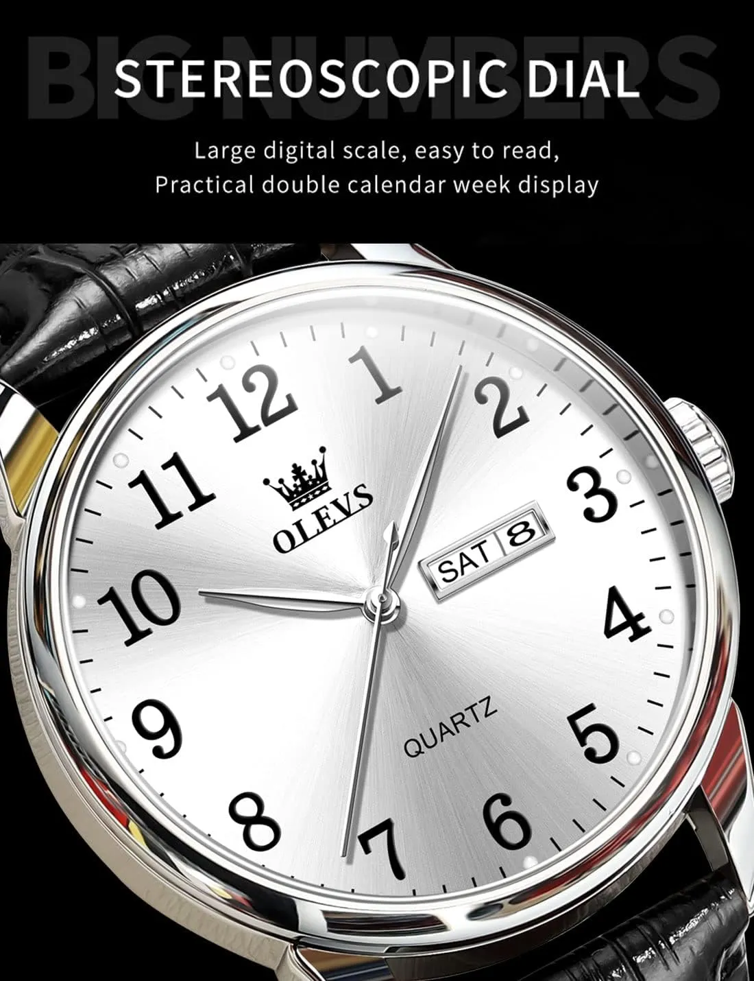 OLEVS Mens Watches, Casual Leather Watches for Men Easy to Read Quartz Number Watch with Date Waterproof Blue/Black/Silver Face Men's Wrist Watches