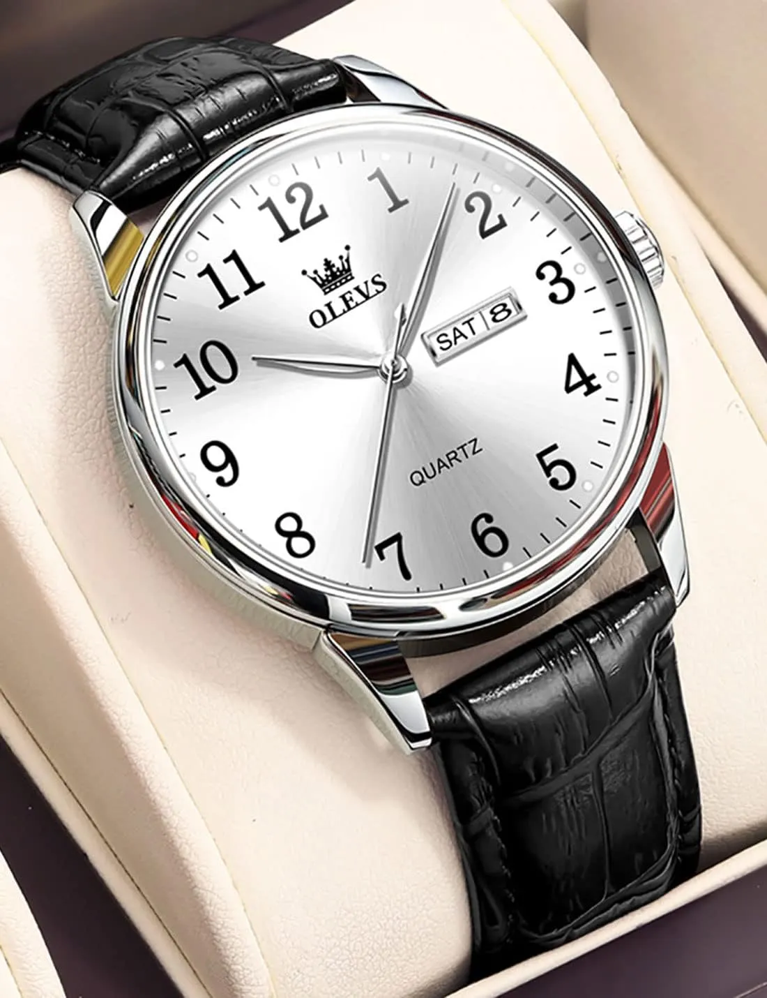OLEVS Mens Watches, Casual Leather Watches for Men Easy to Read Quartz Number Watch with Date Waterproof Blue/Black/Silver Face Men's Wrist Watches