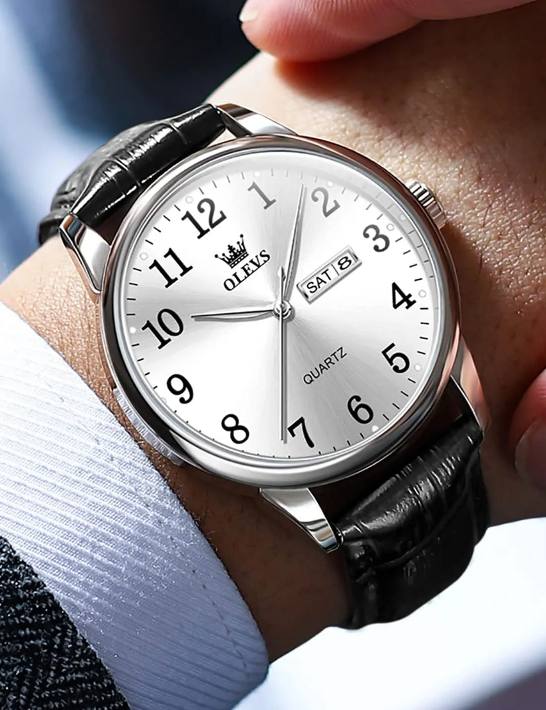 OLEVS Mens Watches, Casual Leather Watches for Men Easy to Read Quartz Number Watch with Date Waterproof Blue/Black/Silver Face Men's Wrist Watches