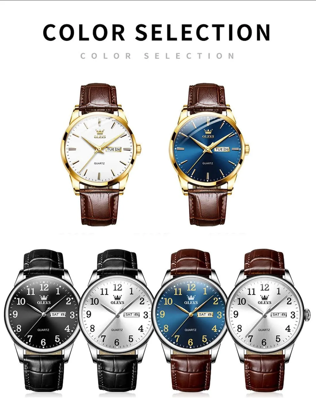 OLEVS Mens Watches, Casual Leather Watches for Men Easy to Read Quartz Number Watch with Date Waterproof Blue/Black/Silver Face Men's Wrist Watches