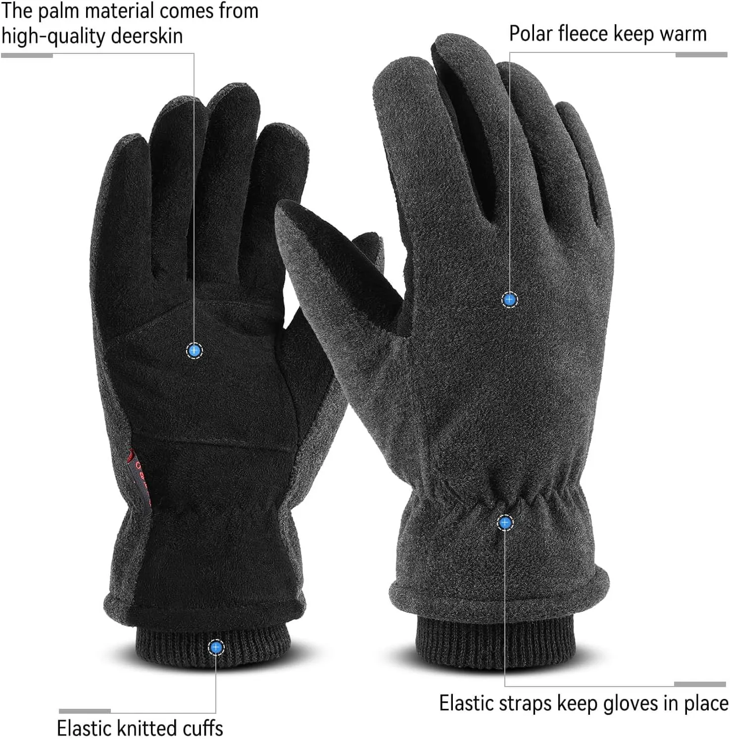 OZERO Men & Women Winter Gloves -30F Deerskin Leather Water-resistant Windproof Cold Weather Glove for Driving Hiking
