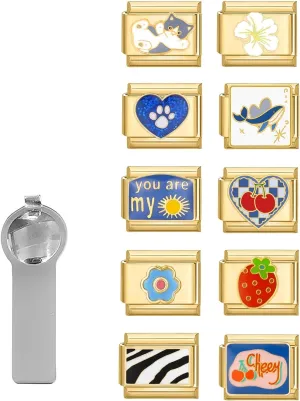 papasgix Italian Charm Bracelet Charms Gold Pack Links Bulk with Opening Tool 9mm Italian Charms Blue Gold Italian Modular Bracelet Links Handmade DIY Jewelry