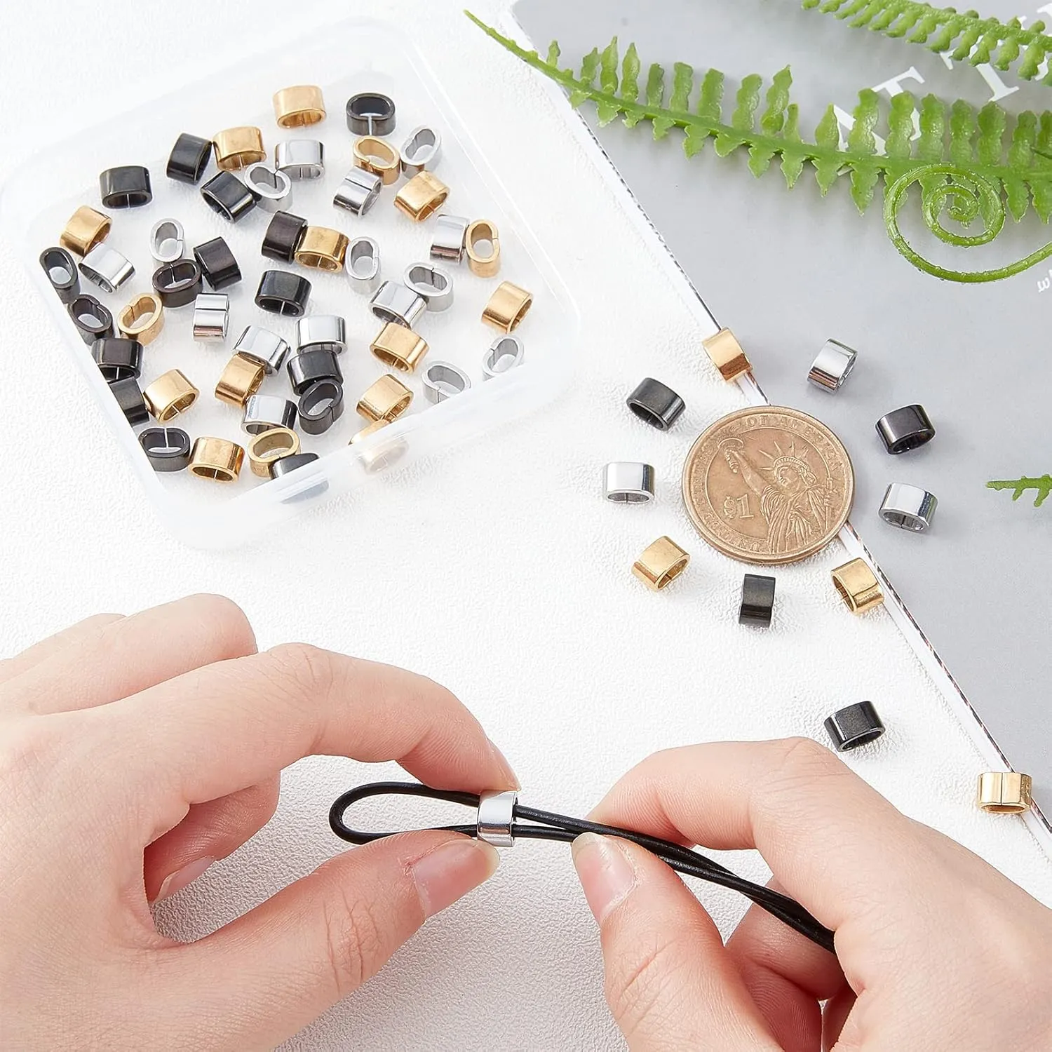 PH PandaHall 60pcs Rectangle Slide Charms 6 Colors Stainless Steel Quick Connector Leather Rope Clips Large Hole Slider Loose Beads 3x6mm Locking Clip for Wristbands Bracelets Necklace Jewelry Making