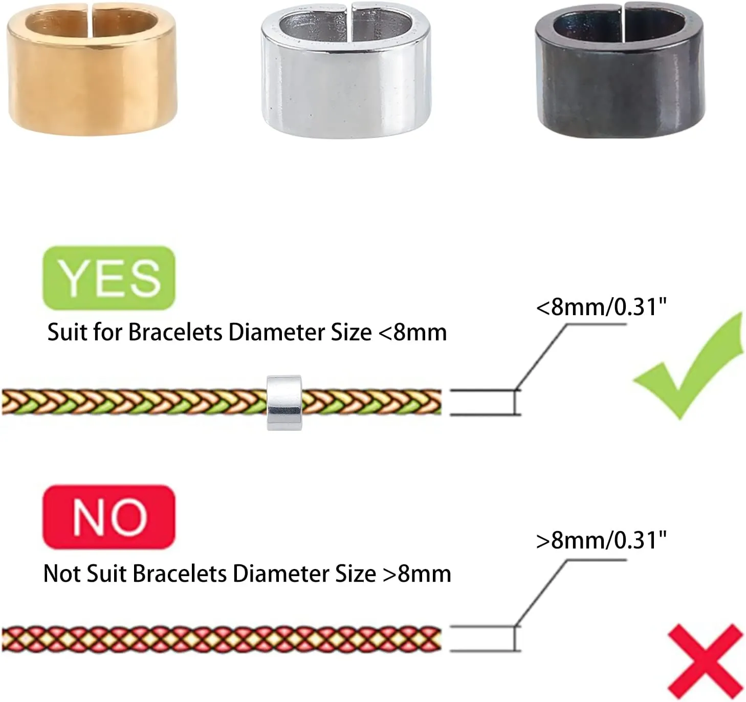 PH PandaHall 60pcs Rectangle Slide Charms 6 Colors Stainless Steel Quick Connector Leather Rope Clips Large Hole Slider Loose Beads 3x6mm Locking Clip for Wristbands Bracelets Necklace Jewelry Making