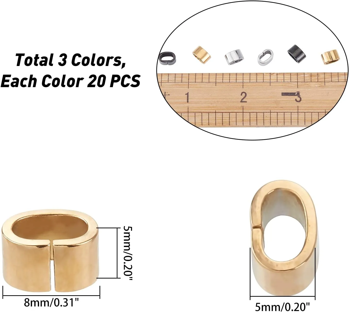 PH PandaHall 60pcs Rectangle Slide Charms 6 Colors Stainless Steel Quick Connector Leather Rope Clips Large Hole Slider Loose Beads 3x6mm Locking Clip for Wristbands Bracelets Necklace Jewelry Making