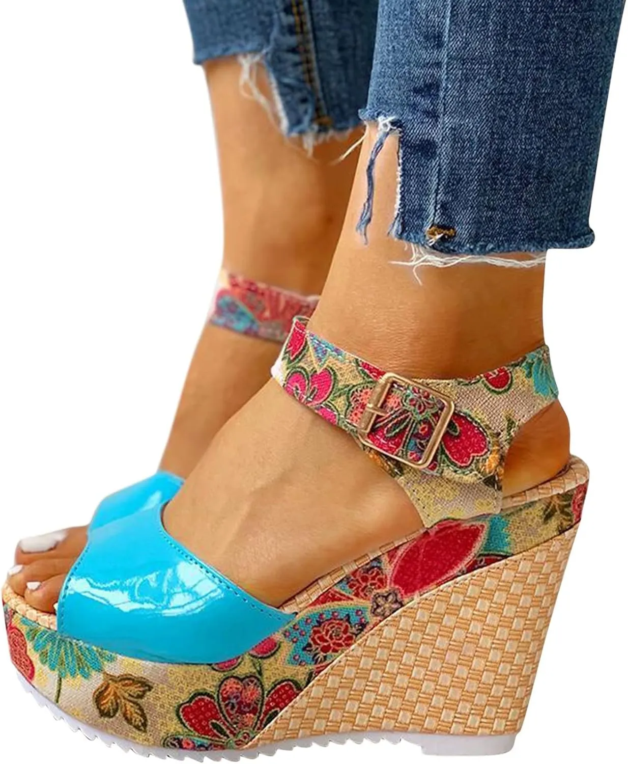 Platform Sandals Women Non Slip Orthopedic Wedge Sandals Fashion Colorful Walking Shoes with Adjustable Ankle Buckle Casual Summer Outdoor Leisure Womens Sandal
