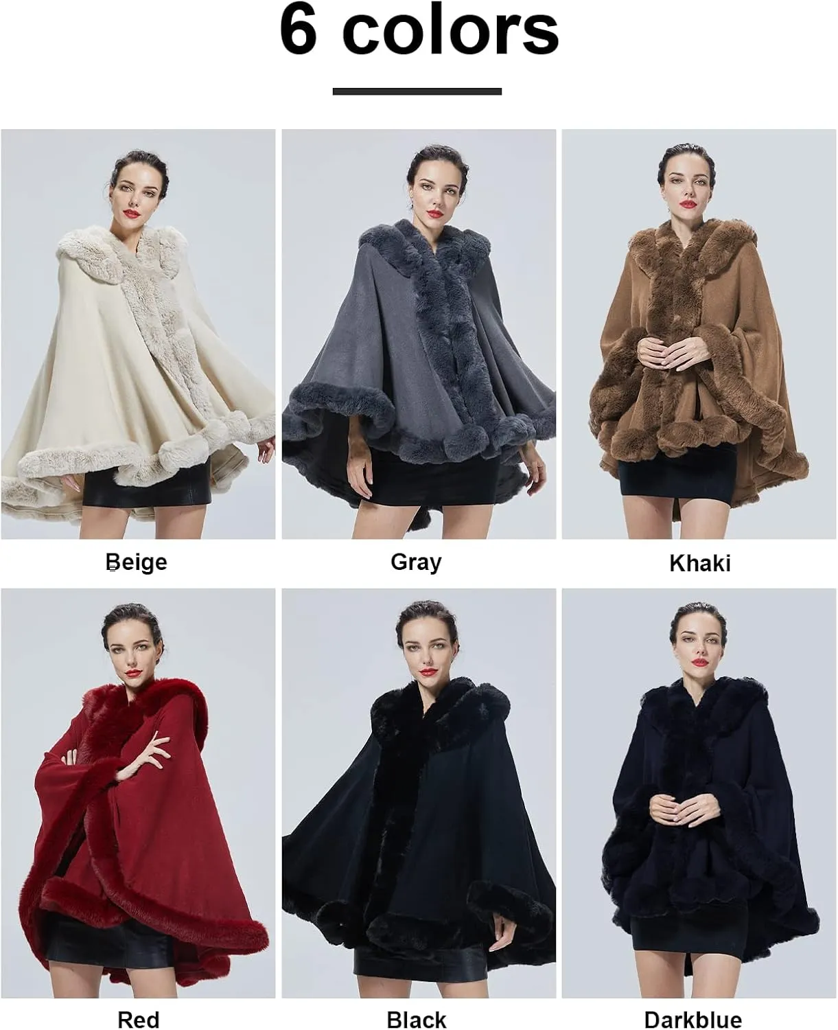 Poncho Hooded Shawl Wrap Women Cape Winter Faux Fur Trim Coat Sleeveless Cardigan Dressy Cloak for Party