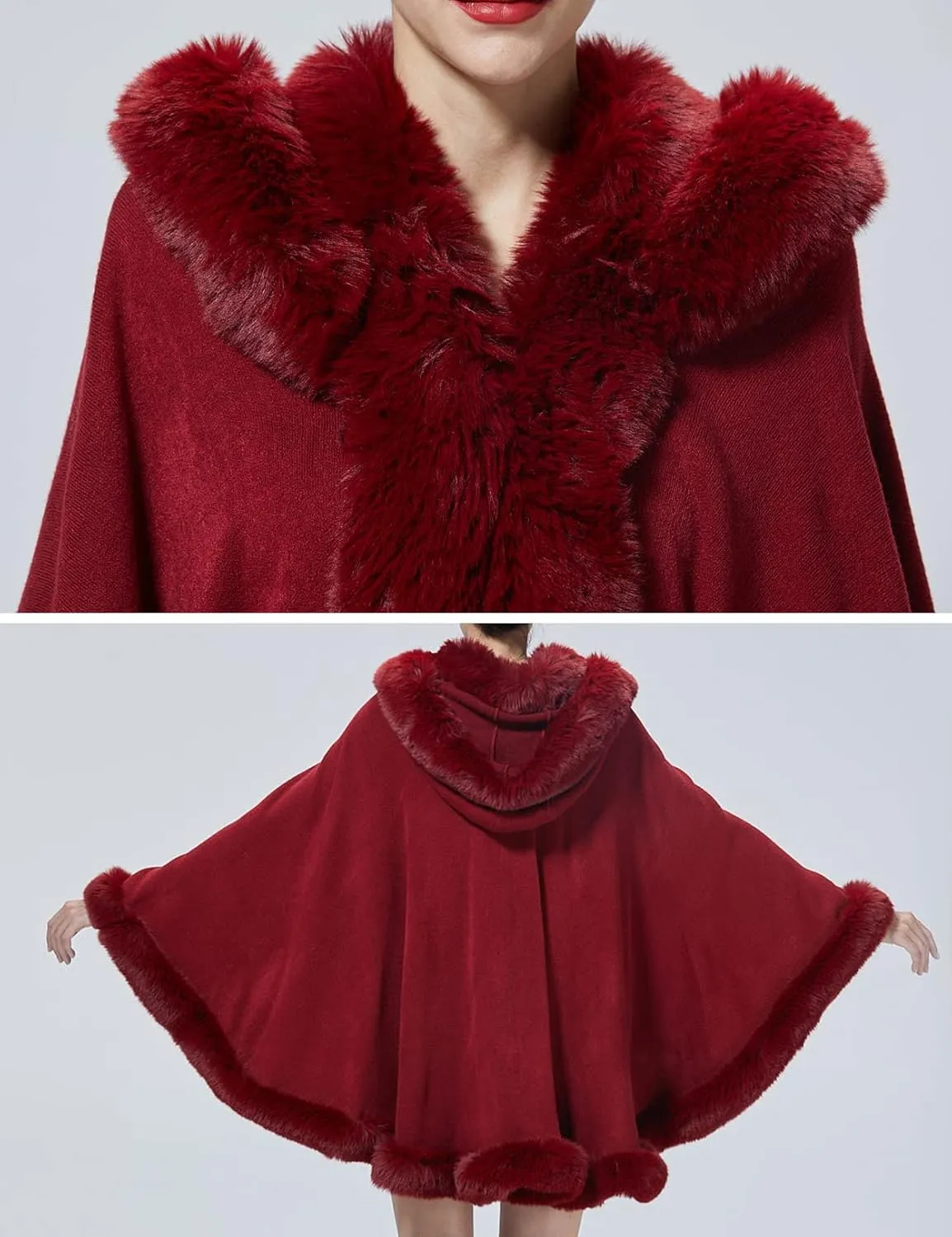 Poncho Hooded Shawl Wrap Women Cape Winter Faux Fur Trim Coat Sleeveless Cardigan Dressy Cloak for Party