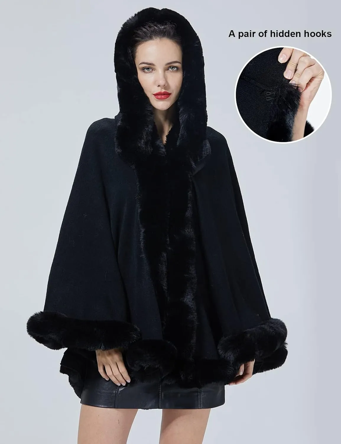 Poncho Hooded Shawl Wrap Women Cape Winter Faux Fur Trim Coat Sleeveless Cardigan Dressy Cloak for Party