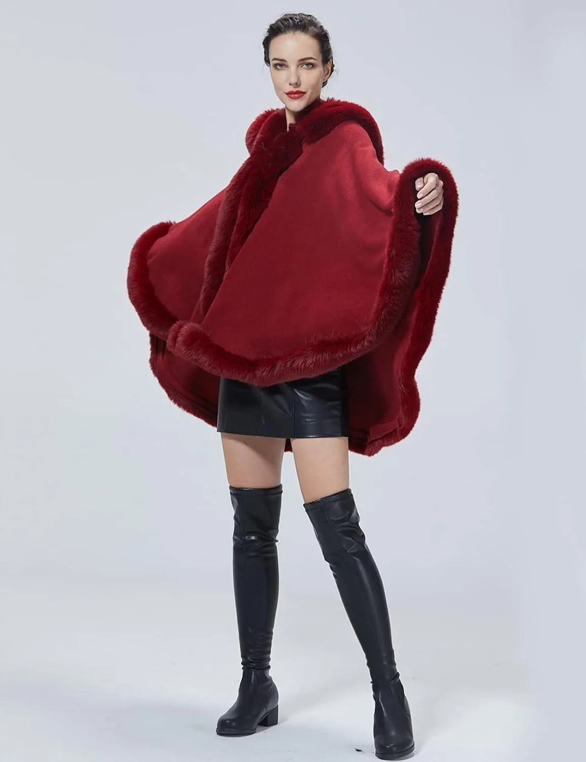 Poncho Hooded Shawl Wrap Women Cape Winter Faux Fur Trim Coat Sleeveless Cardigan Dressy Cloak for Party