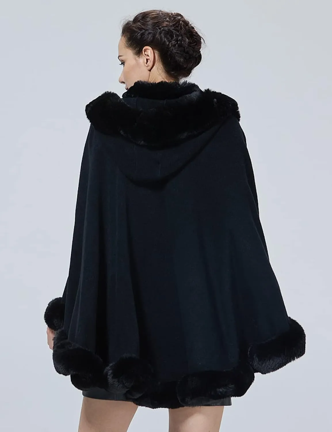 Poncho Hooded Shawl Wrap Women Cape Winter Faux Fur Trim Coat Sleeveless Cardigan Dressy Cloak for Party