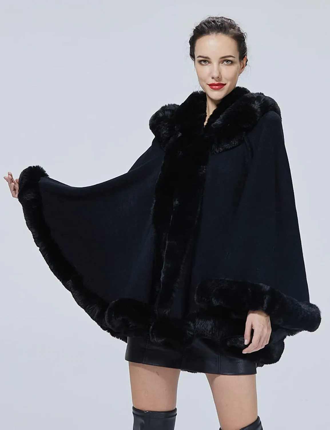 Poncho Hooded Shawl Wrap Women Cape Winter Faux Fur Trim Coat Sleeveless Cardigan Dressy Cloak for Party