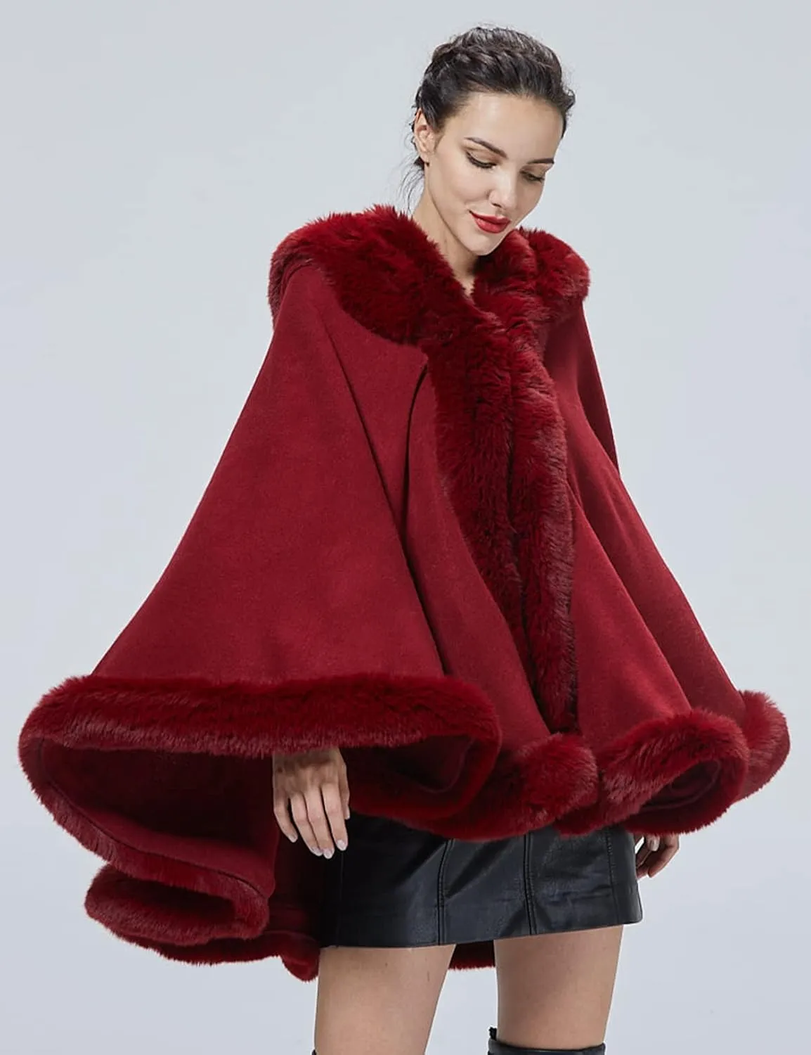 Poncho Hooded Shawl Wrap Women Cape Winter Faux Fur Trim Coat Sleeveless Cardigan Dressy Cloak for Party