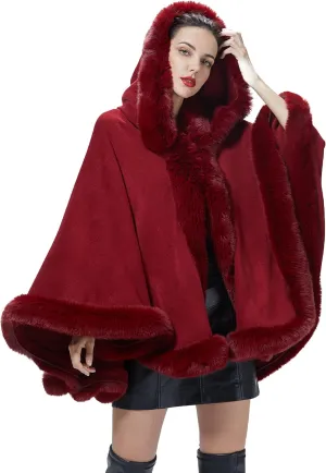 Poncho Hooded Shawl Wrap Women Cape Winter Faux Fur Trim Coat Sleeveless Cardigan Dressy Cloak for Party