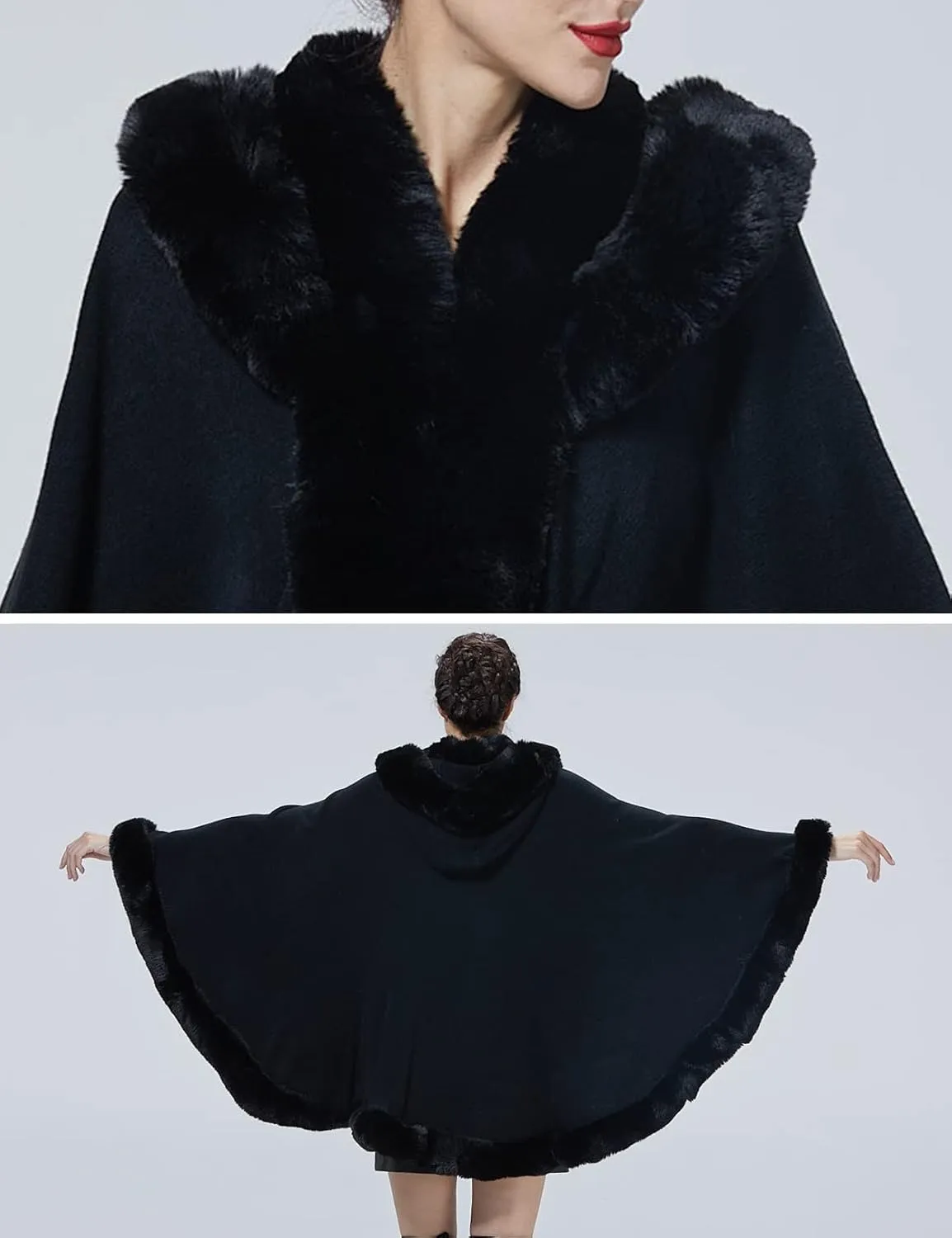 Poncho Hooded Shawl Wrap Women Cape Winter Faux Fur Trim Coat Sleeveless Cardigan Dressy Cloak for Party