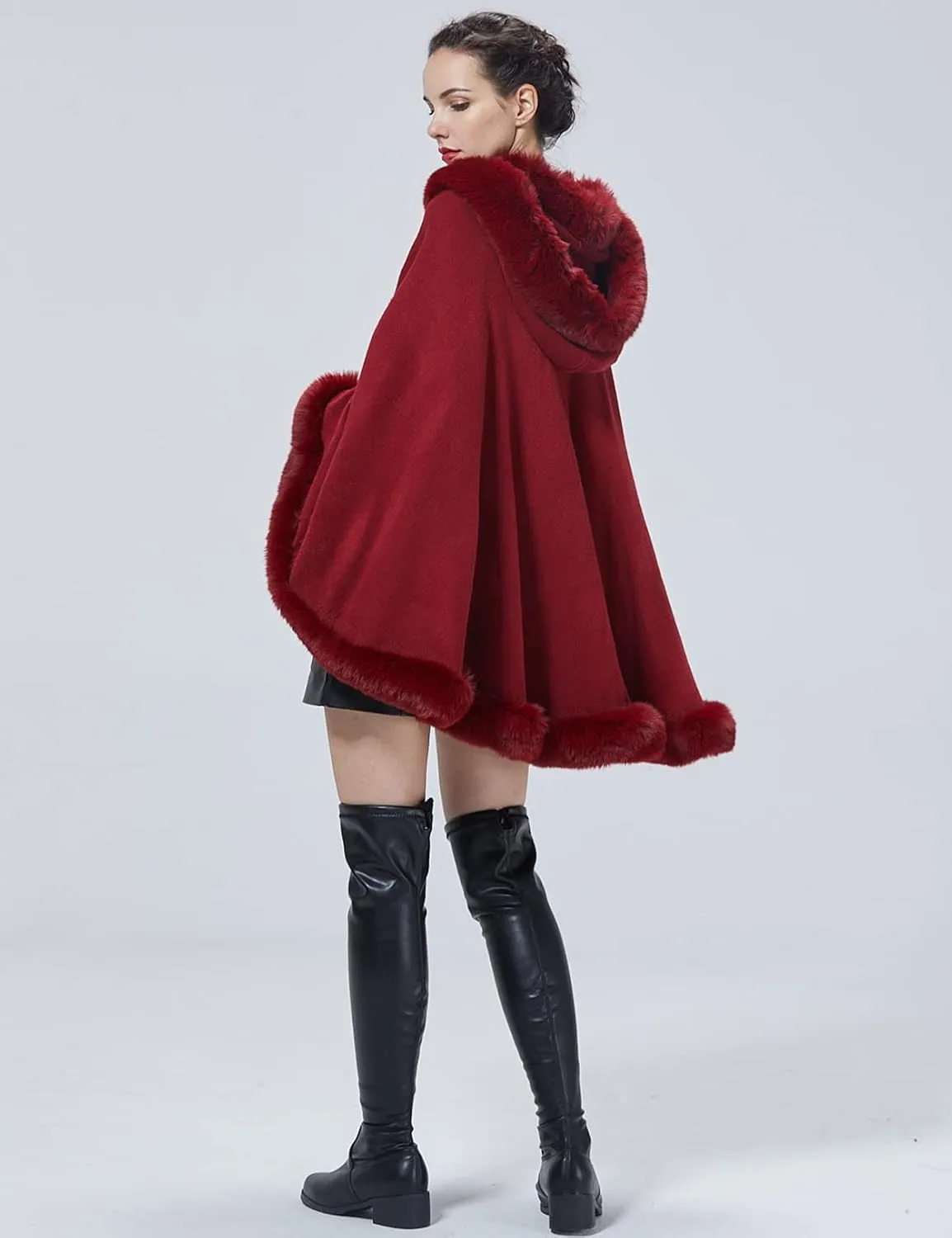 Poncho Hooded Shawl Wrap Women Cape Winter Faux Fur Trim Coat Sleeveless Cardigan Dressy Cloak for Party