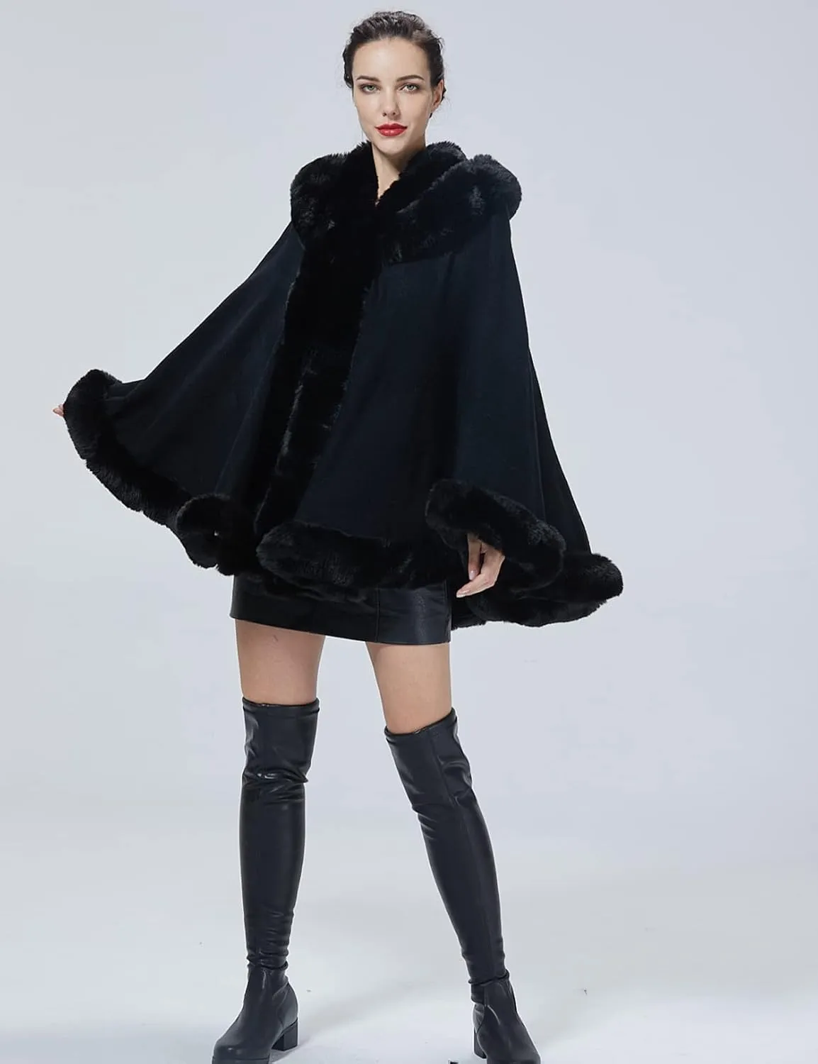 Poncho Hooded Shawl Wrap Women Cape Winter Faux Fur Trim Coat Sleeveless Cardigan Dressy Cloak for Party