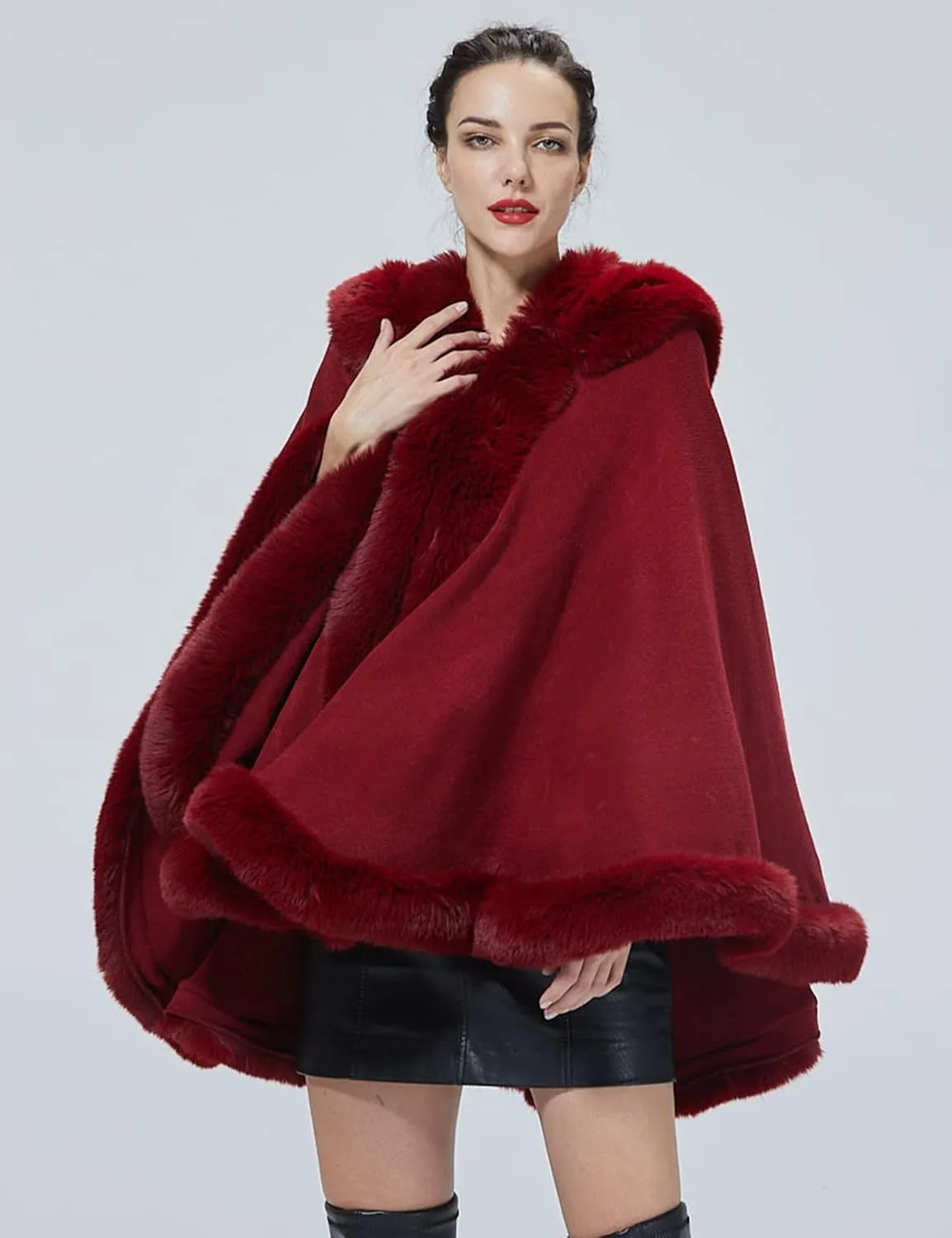Poncho Hooded Shawl Wrap Women Cape Winter Faux Fur Trim Coat Sleeveless Cardigan Dressy Cloak for Party