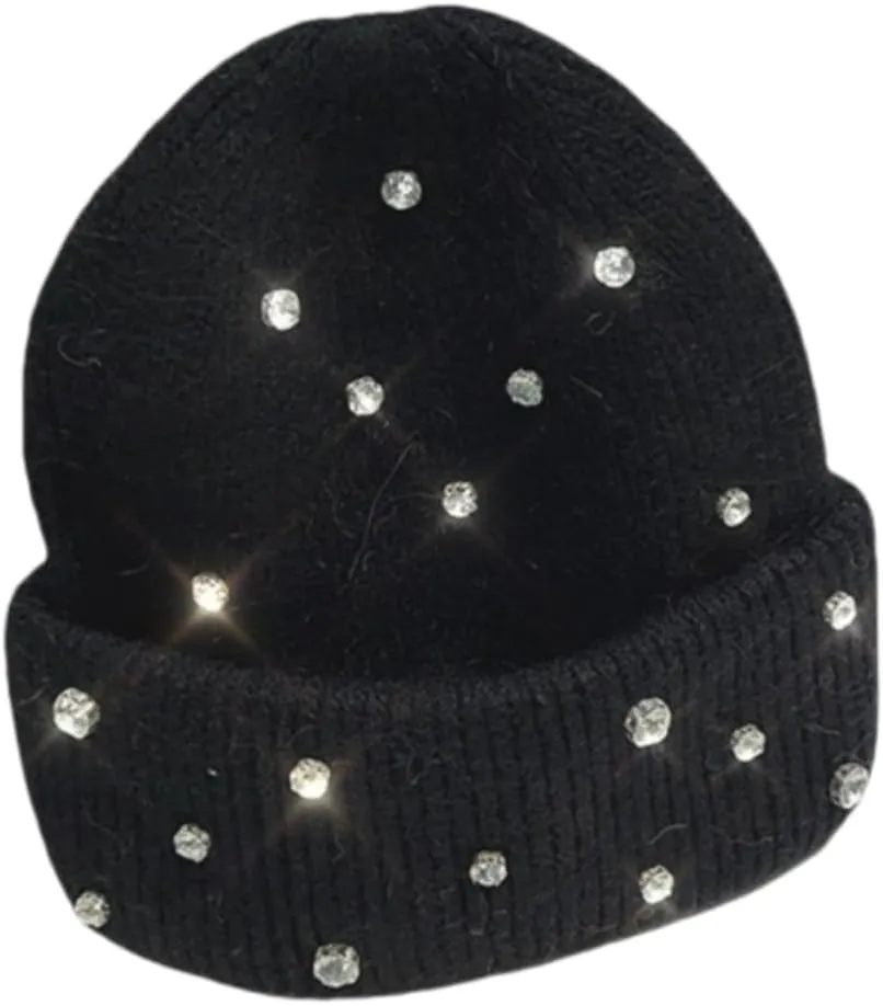 Real Rabbit Fur Diamonds Letter Beanies Hats for Women Winter Warm Knitted Hat Casual Bonnet Skiing Cap