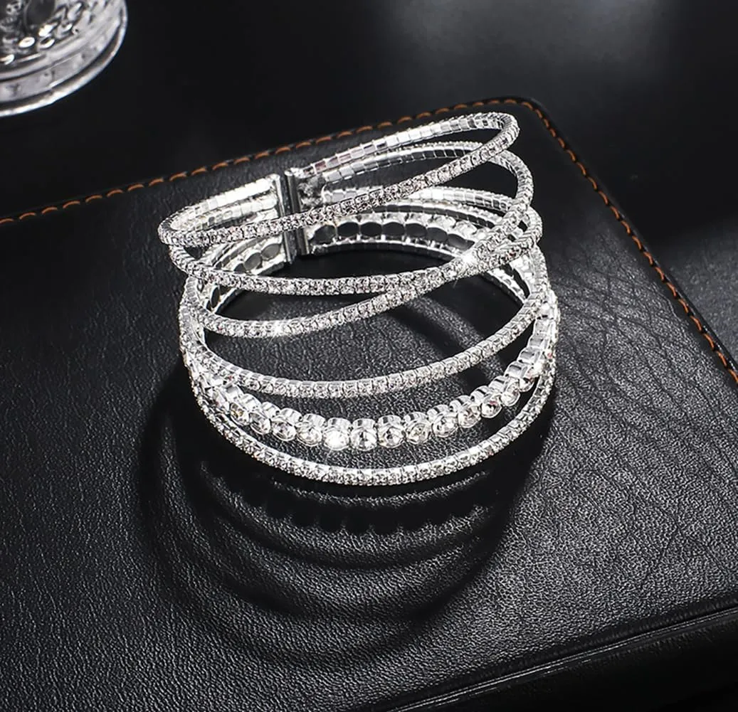 Rhinestone Bracelet for Women Multilayer Crystal Cuff Bracelet Strand Layered Bracelet