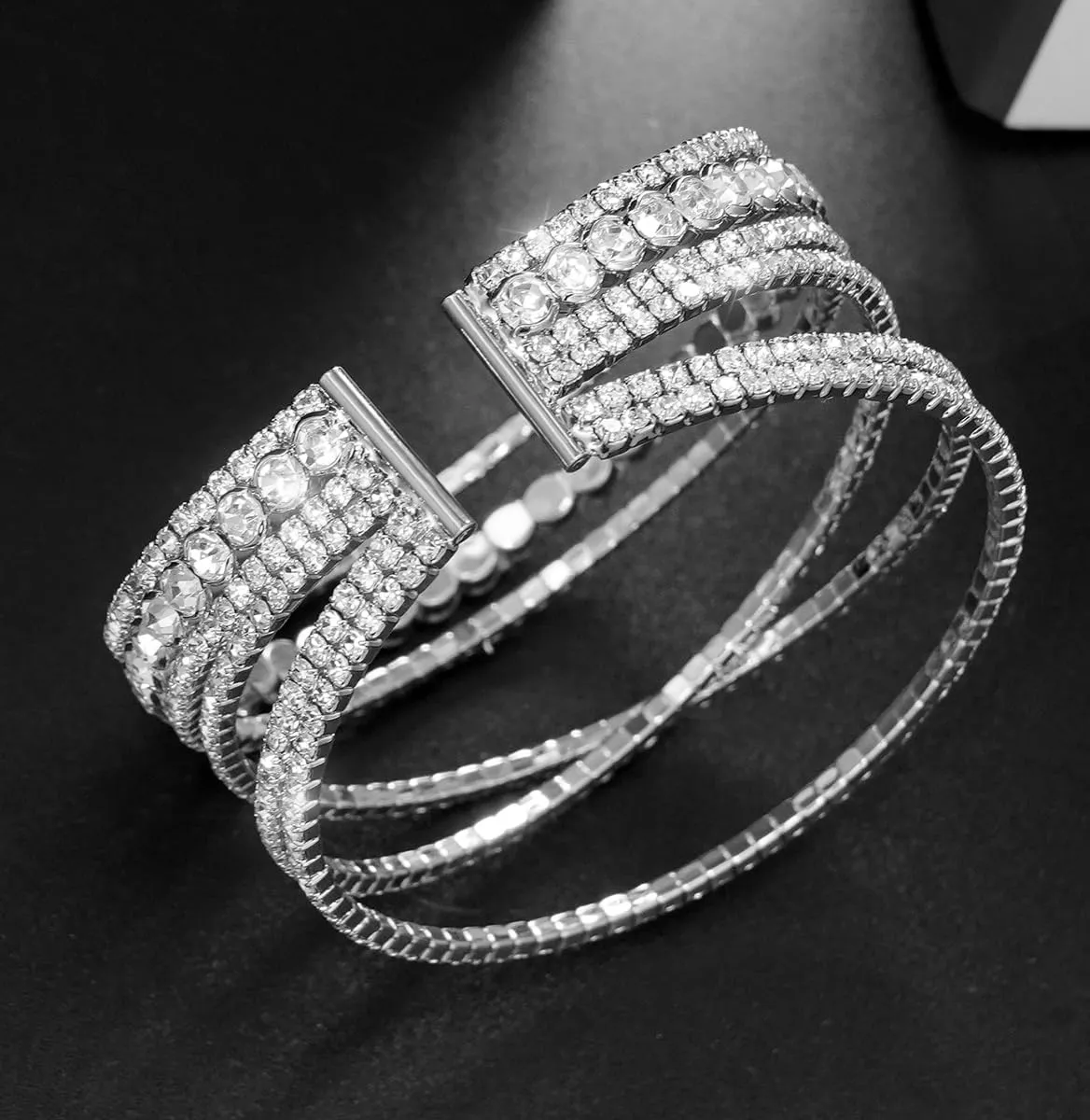 Rhinestone Bracelet for Women Multilayer Crystal Cuff Bracelet Strand Layered Bracelet