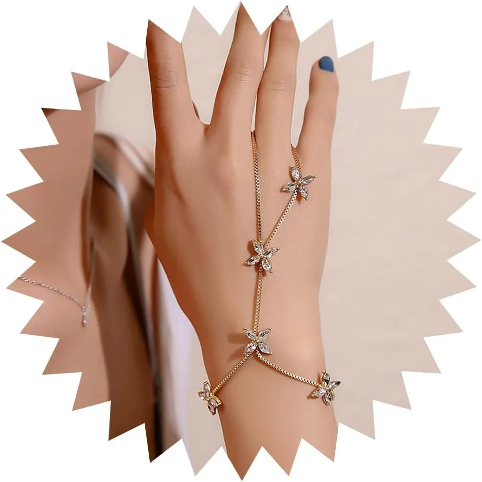 Rhinestone Finger Bracelet Ring Gold Crystal Hand Chains Flower Finger Chain Bracelet Slave Hand Harness Bracelet Chain Wedding Jewelry for Women and Girls