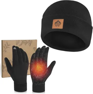 RIGWARL Soft Mens Hat and Winter Gloves Set for 32-50, Warm Hat and Waterproof Touchscreen Gloves for Men Women, Black