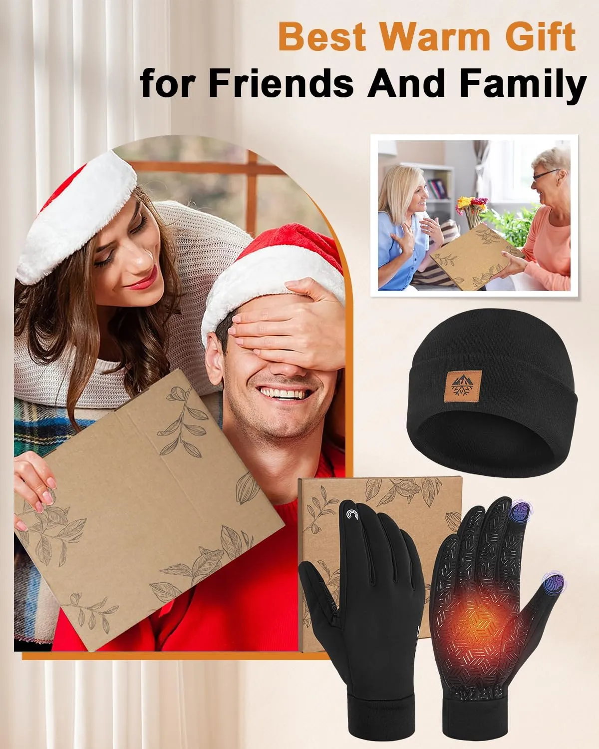 RIGWARL Soft Mens Hat and Winter Gloves Set for 32-50, Warm Hat and Waterproof Touchscreen Gloves for Men Women, Black