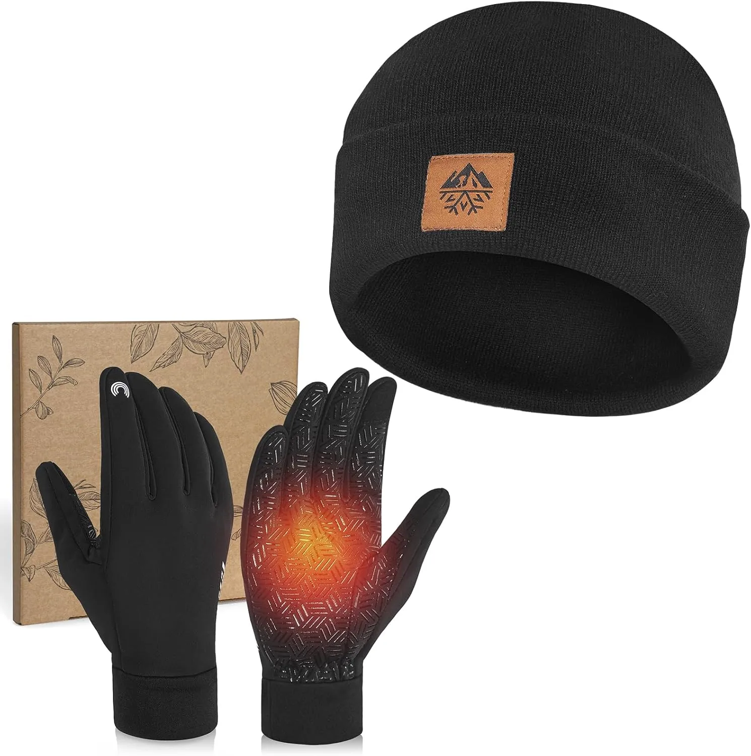 RIGWARL Soft Mens Hat and Winter Gloves Set for 32-50, Warm Hat and Waterproof Touchscreen Gloves for Men Women, Black