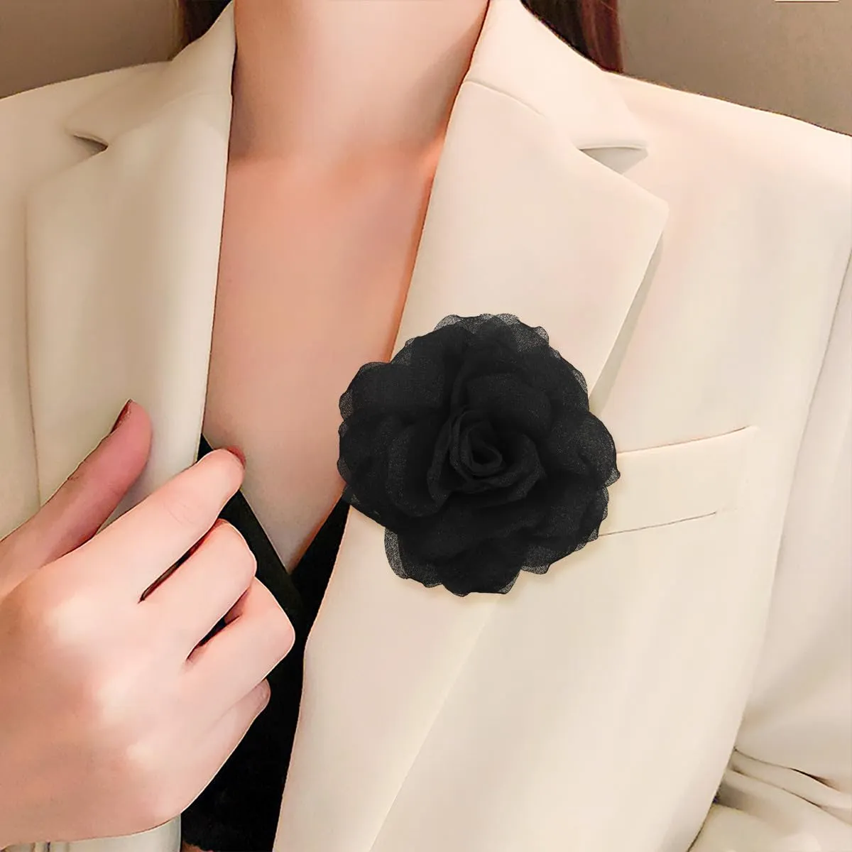 Rose Flower Brooches and Pins for Women | Black Brooches for Women with Hair Clip | Hair Pins for Women & Flower Clips for Hair | Lapel Pins for Women | Hat Pins for Women, Rose Pin 4.3 Inches, Black