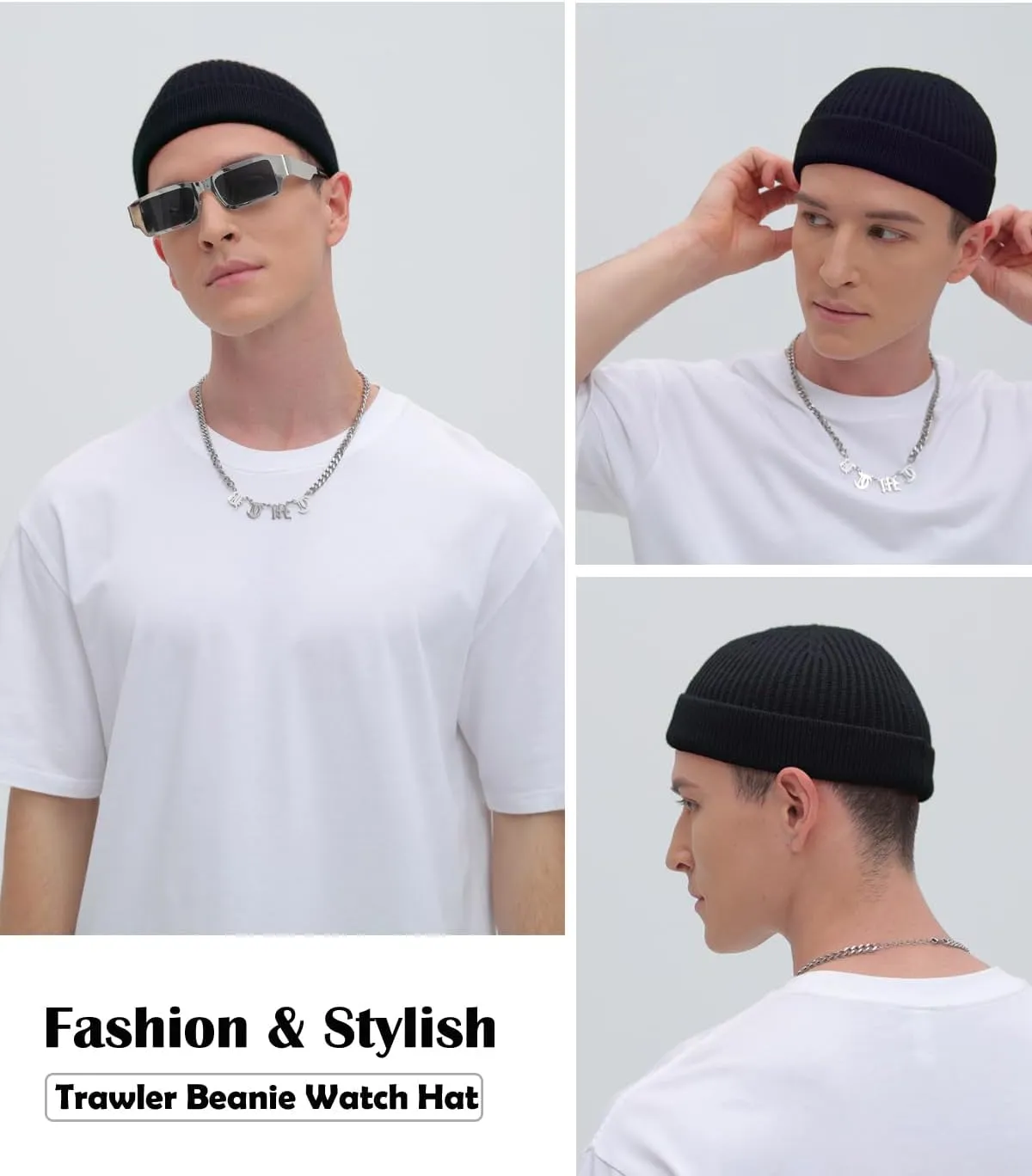 ROYBENS Swag Wool Short Fisherman Beanie for Men Women, Knit Cuff Trawler Beanie Watch Hat, Soft Spring Fall Skull Cap Unisex