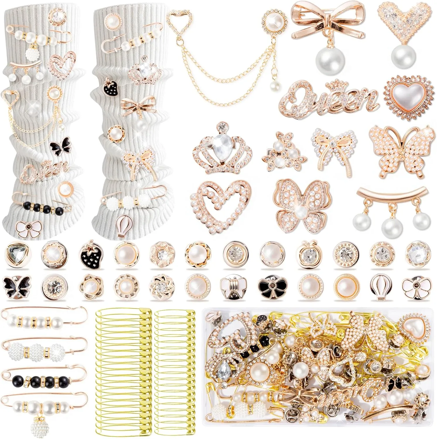RQAYE 80pcs Junk Socks Charms Kit, Brooches and Pins for Women,Gold Shoe Charms,Shoe Charms for Sneakers, Safety Pin,Sock Charms Kit Bulk for Hat ClothesSock Jewelry Charms