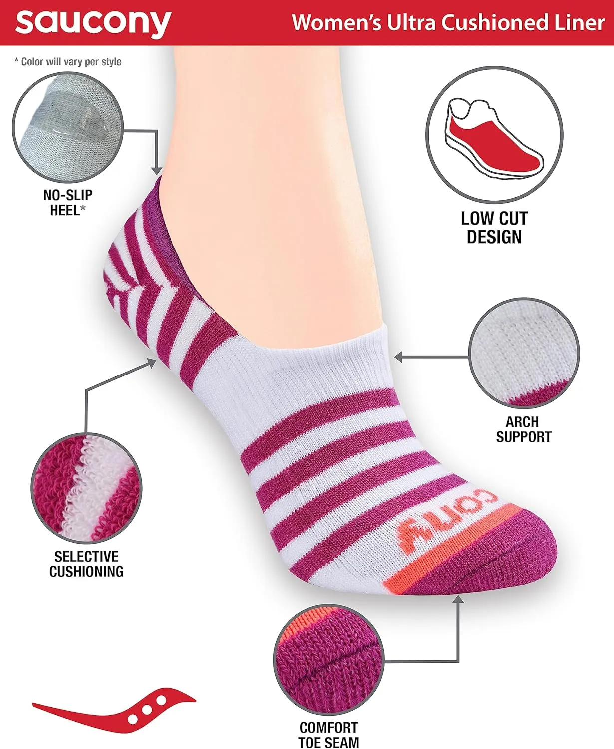 Saucony Women's No Show Cushioned Invisible Liner Socks, Available in S-L (8, 16 Pairs)
