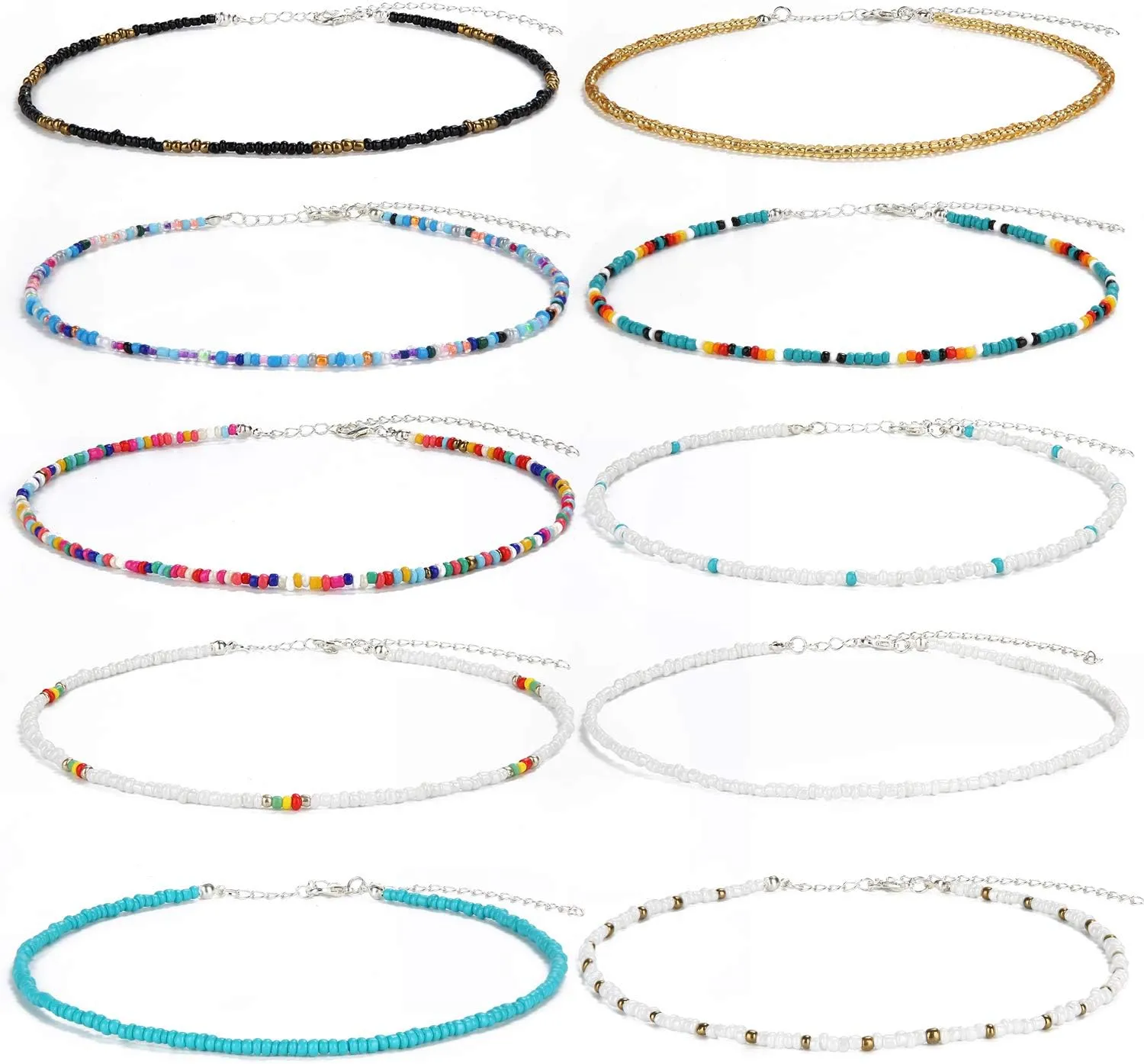 SCIONE Beaded Necklace 10 Pieces Tiny Seed Beaded Necklace Bohemian Hawaiian White Rainbow Adjustable Colorful Necklaces for Women