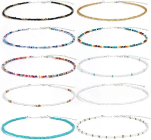 SCIONE Beaded Necklace 10 Pieces Tiny Seed Beaded Necklace Bohemian Hawaiian White Rainbow Adjustable Colorful Necklaces for Women