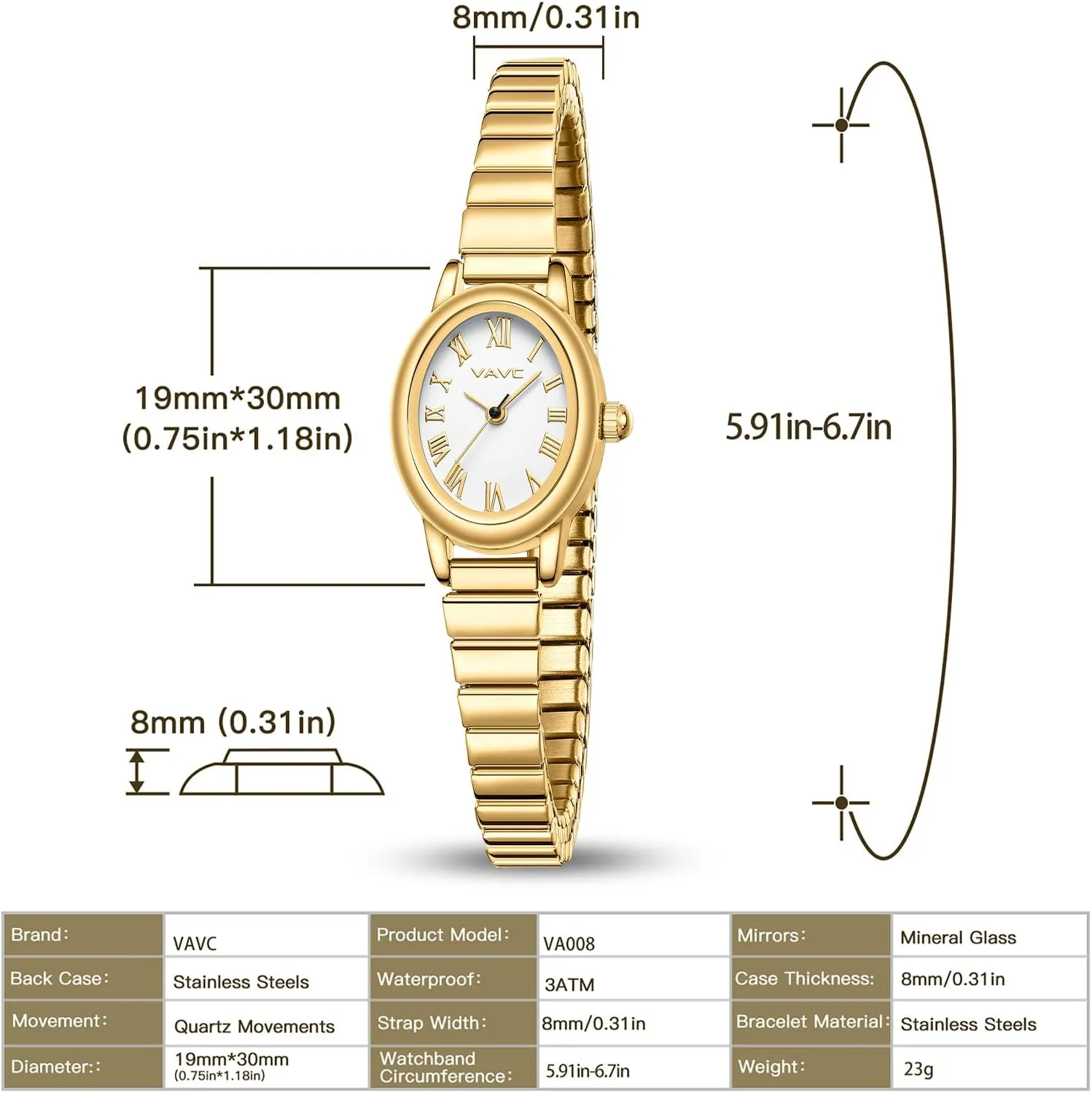Small Gold Watches for Women,Analog Womens Watch with Stainless Steel Expansion Band,Oval Case Roman Dial,Water Resistant