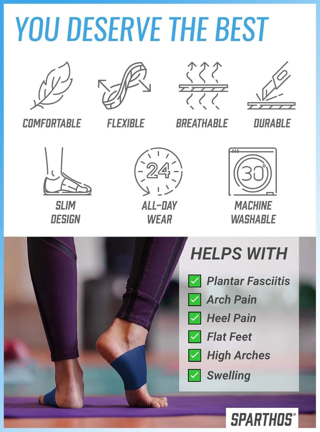Sparthos Arch Support Brace - Plantar Fasciitis Support Brace - Foot Feet Brace, Ankle Pain Relief, Night Splint - Achilles Tendon Massager Flat Heel Wrap - for Men and Women (Blue-M)