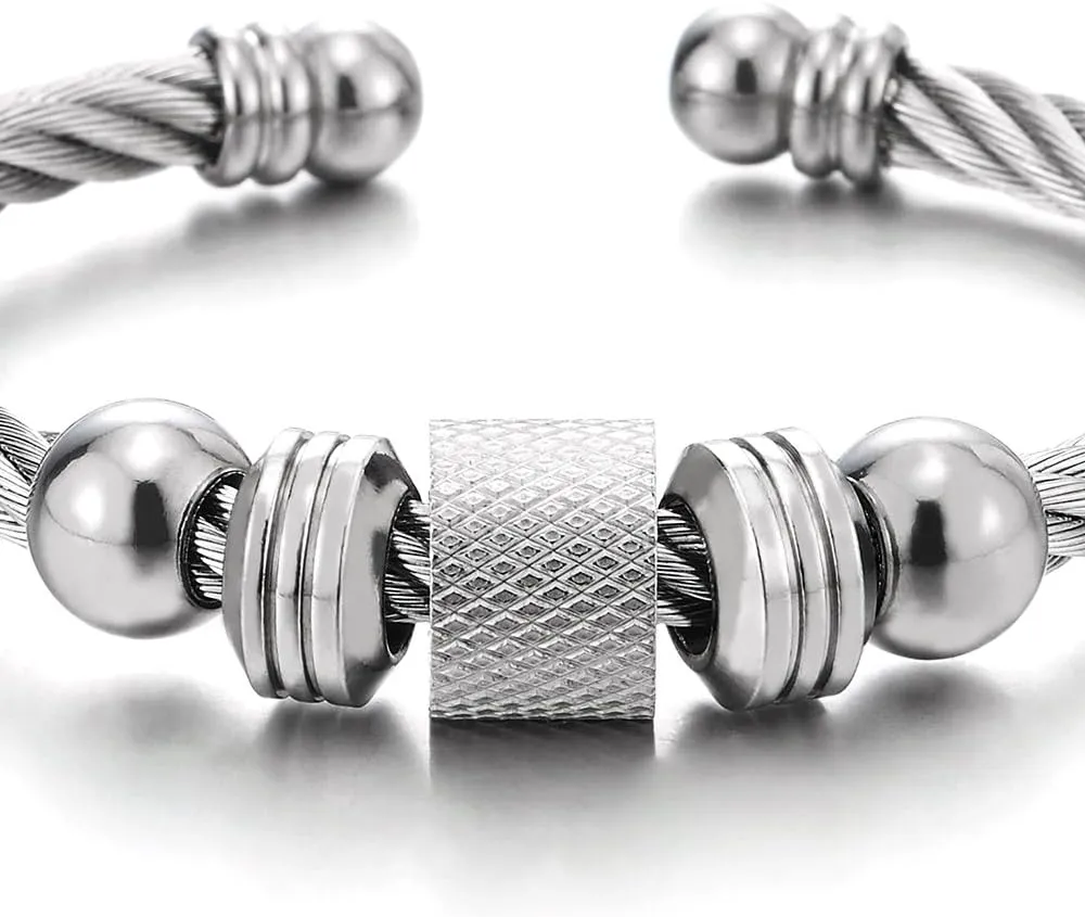 Steel Twisted Cable Cuff Bangle Bracelet for Men Women with Beads Charms, Polished Adjustable