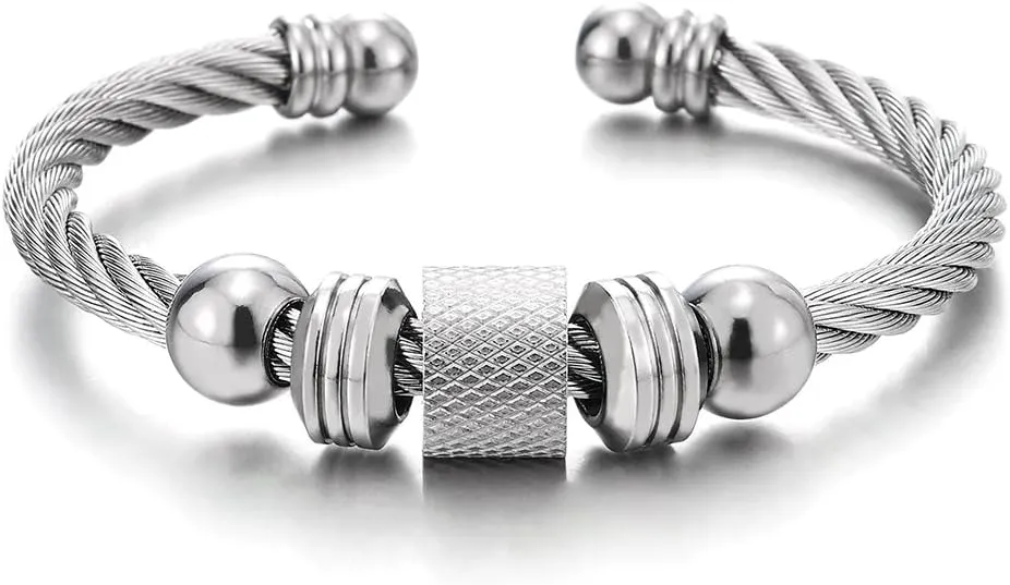 Steel Twisted Cable Cuff Bangle Bracelet for Men Women with Beads Charms, Polished Adjustable