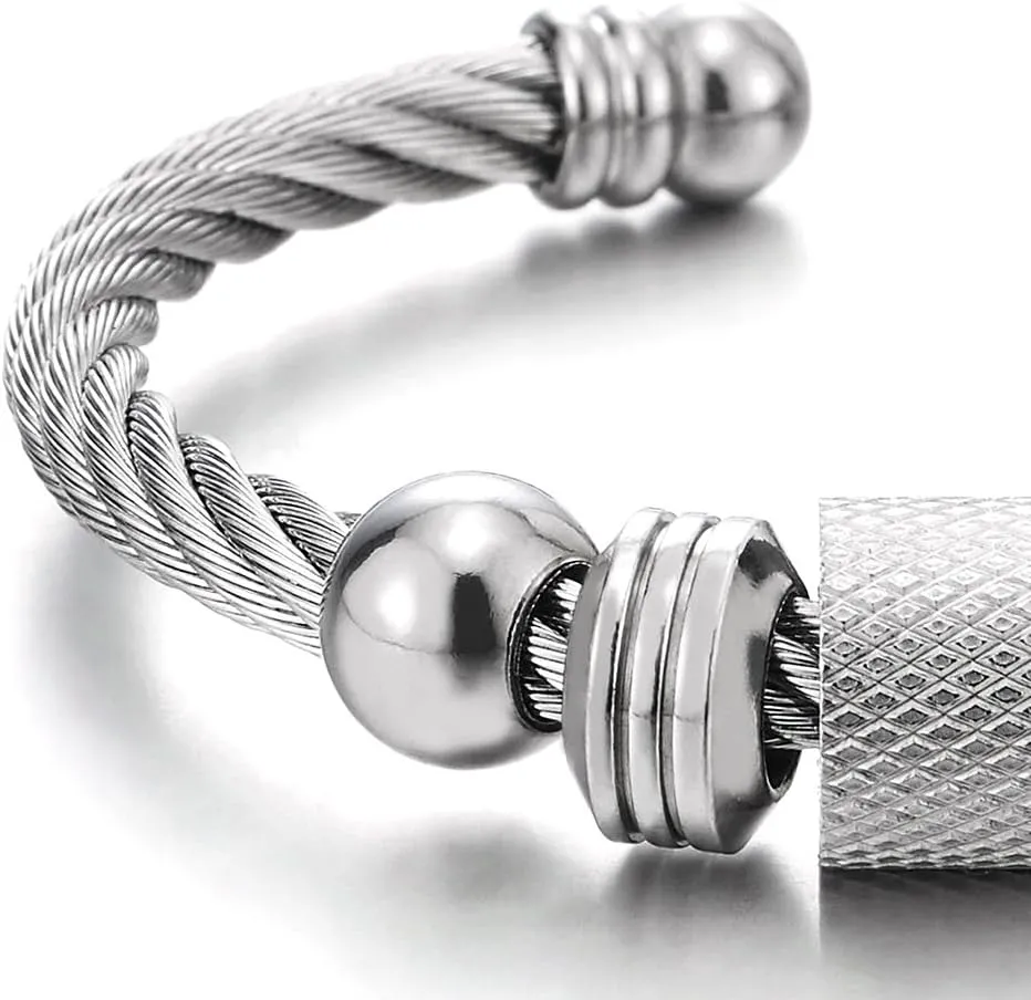 Steel Twisted Cable Cuff Bangle Bracelet for Men Women with Beads Charms, Polished Adjustable