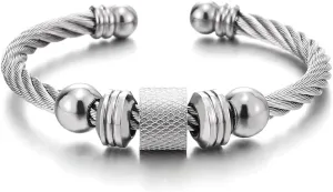 Steel Twisted Cable Cuff Bangle Bracelet for Men Women with Beads Charms, Polished Adjustable