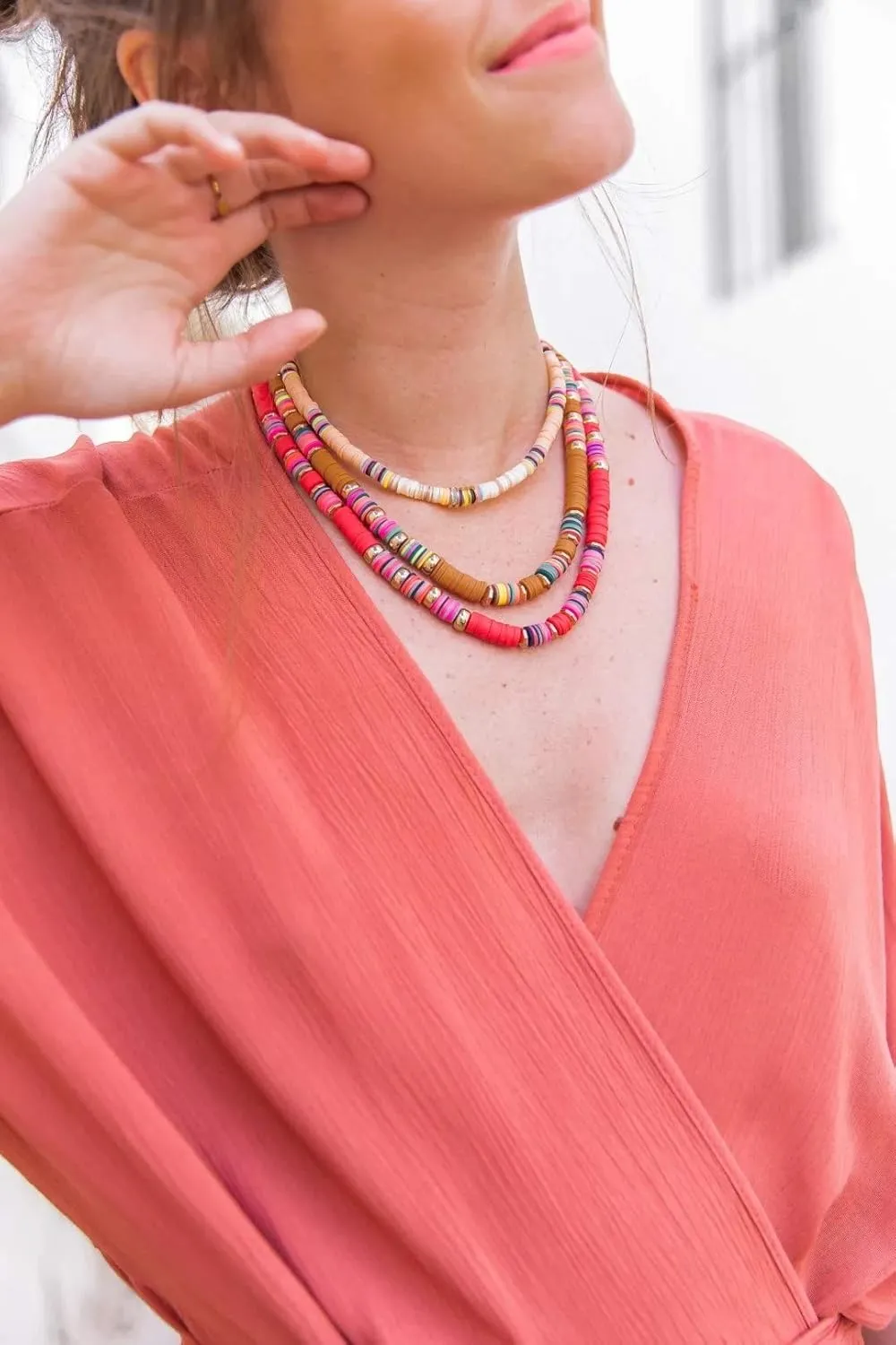 Surfer Heishi Bead Choker Necklace for Woman Star Pearl Polymer Clay Record Disc Beads Layered Necklace Boho Beach Necklace jewelry