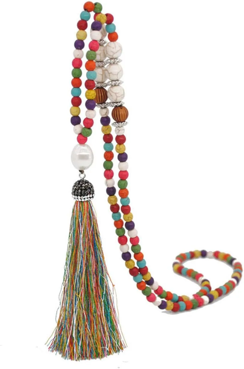 Tanyoyo Boho Beads Necklaces Chakra Statement Long Chain Tassel Necklace Jewerly Handmade Fashion Jewelry (Beads Necklaces, Multi-color mixing)