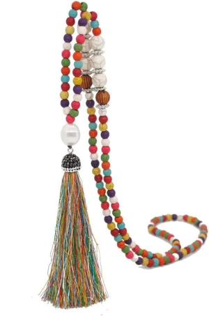 Tanyoyo Boho Beads Necklaces Chakra Statement Long Chain Tassel Necklace Jewerly Handmade Fashion Jewelry (Beads Necklaces, Multi-color mixing)