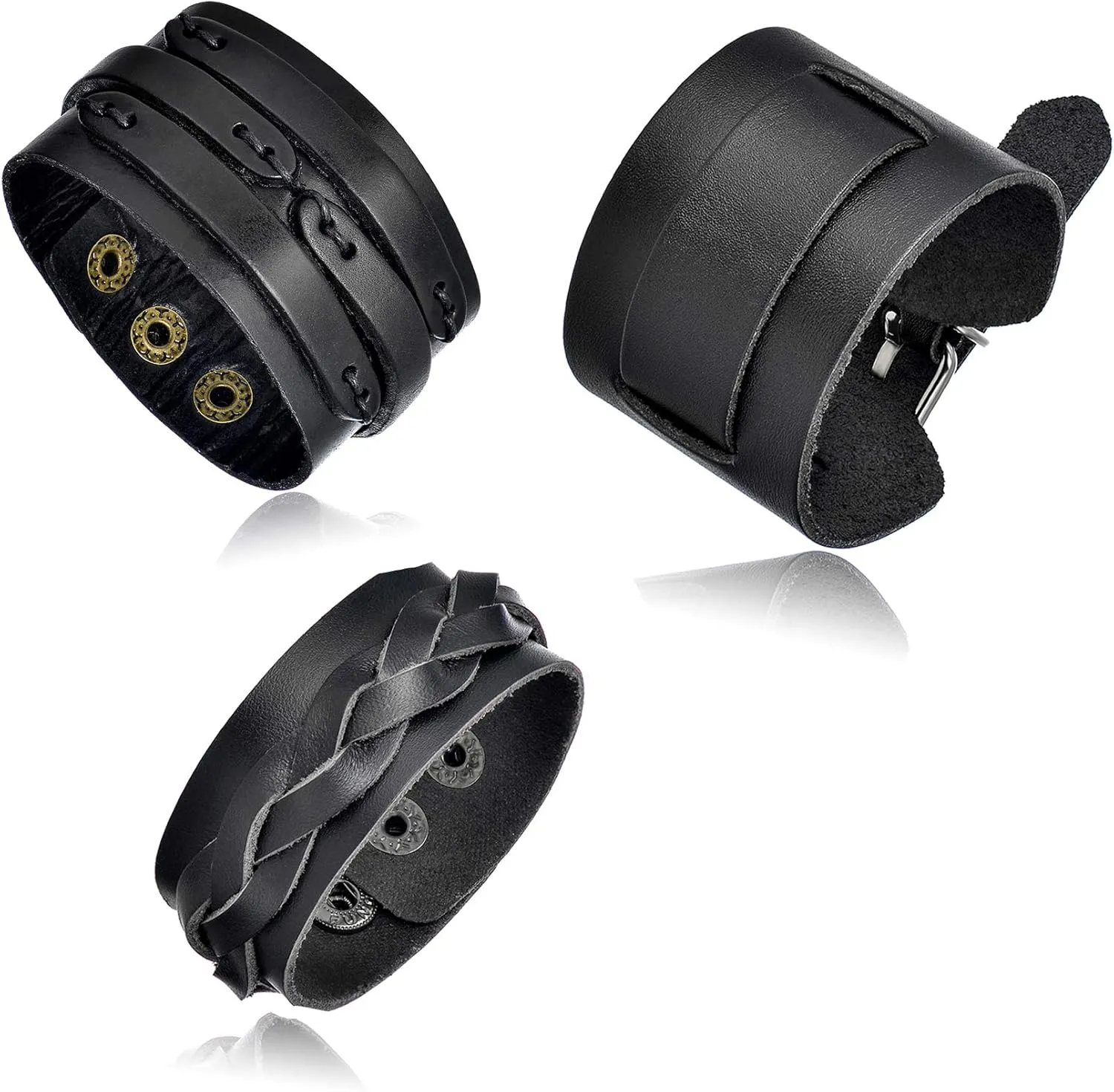 Tornito 3Pcs Genuine Leather Bracelet Braided Biker Cuff Strap Punk Wide Belt Bangle Wristband For Women Men Black Brown Size Adjustable